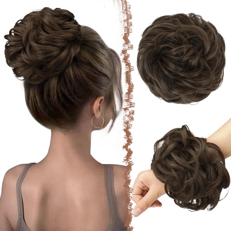 FESHFEN Messy Bun Hair Piece - Large Elastic Wavy Curly Hair Bun Scrunchies Ponytail Extensions Synthetic Chignon Hairpieces for Women, Golden Brown 1.94oz - Image 1